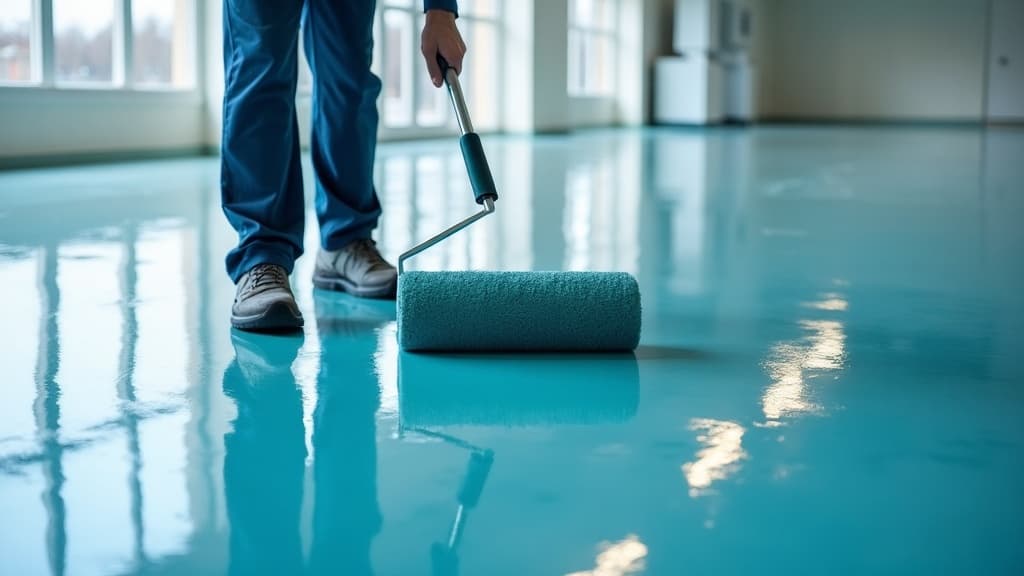 FlowCoat technician applying a glossy epoxy coating with a roller
