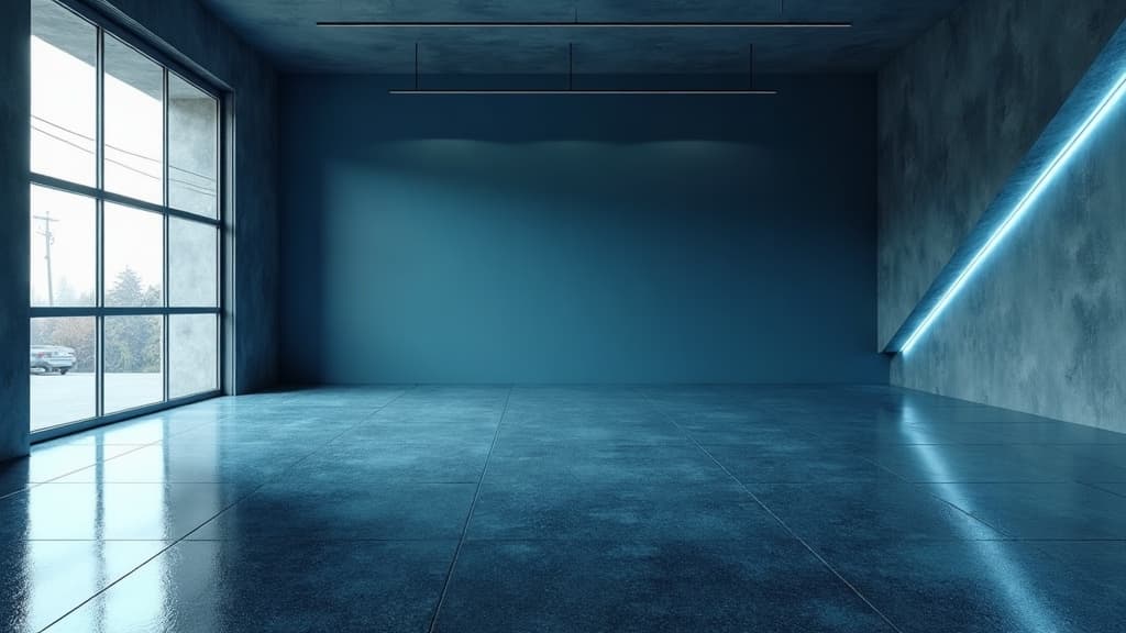 High-gloss slate blue epoxy floor in a modern garage with teal accent lighting